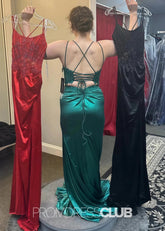 Heloise |Long Emerald Green Prom Dresses Near Me With A Line Strapless Open Back High Split - Price #price_variant_lowest# - Emerald Green - PromDressClub
